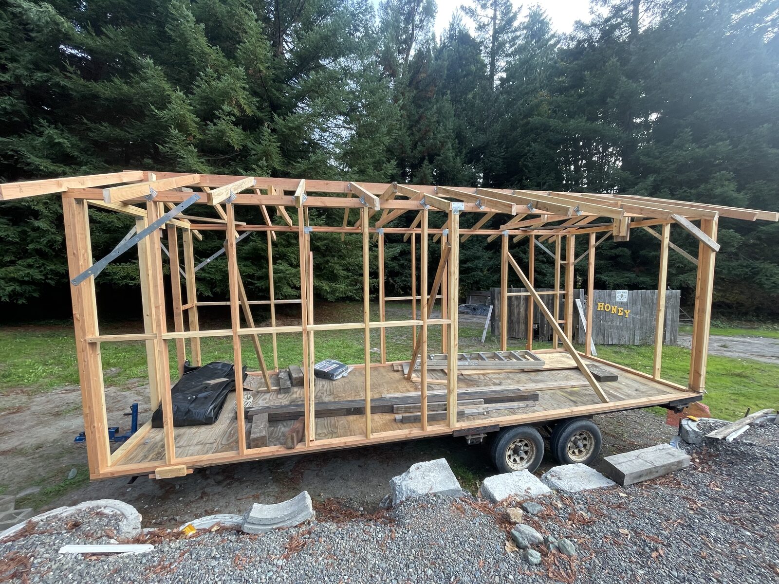 The stand's expansion framed up with rafters, standing on its trailer in the redwoods