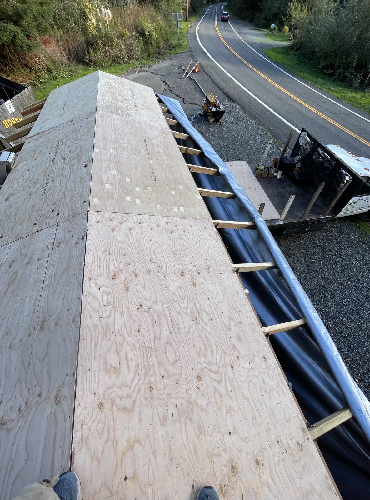 Sheathing the roof beside the Avenue of the Giants